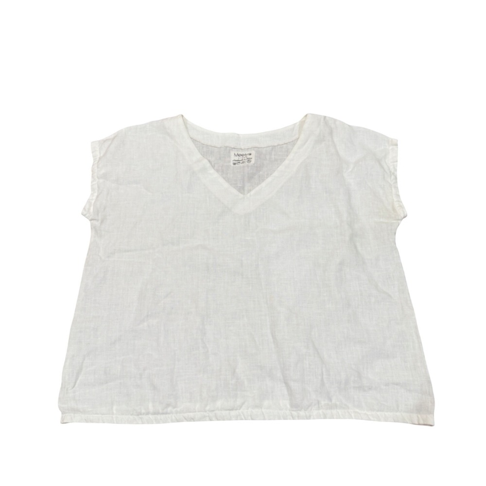 Meetra Linen Cream V-Neck Top Handmade XL Short Sleeve Blouse Coastal Staple